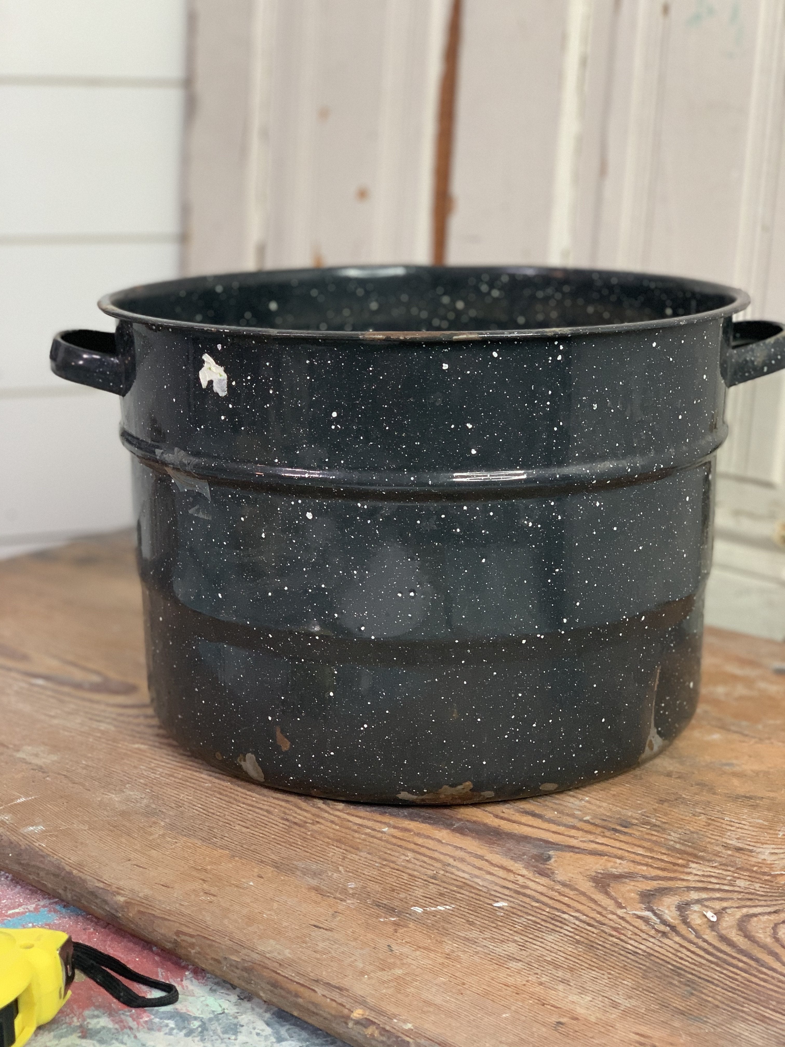 Vintage Enamelled Cast Iron Cauldron, Large Enamelware Cooking Pot