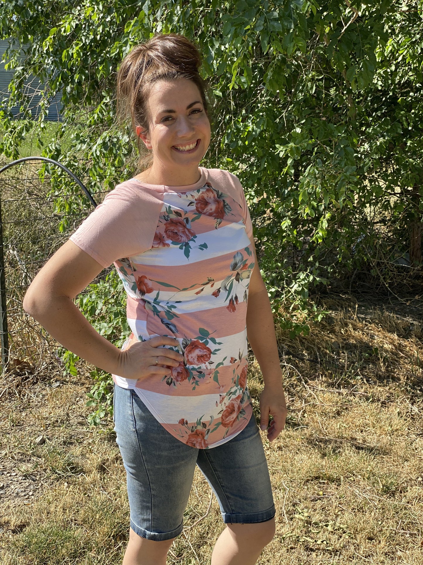 Short Sleeve Floral Striped Shirt