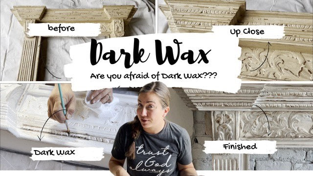 A picture collage of a mantle showing the process from before to after painting and using dark wax on the mantle