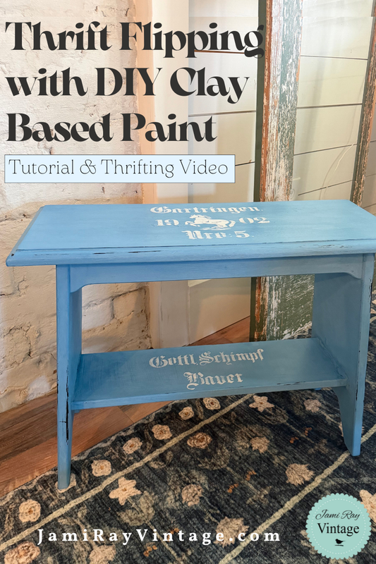 Thrift flipped blue console table painted with DIY clay based paint, featuring a vintage stencil design by Jami Ray Vintage
