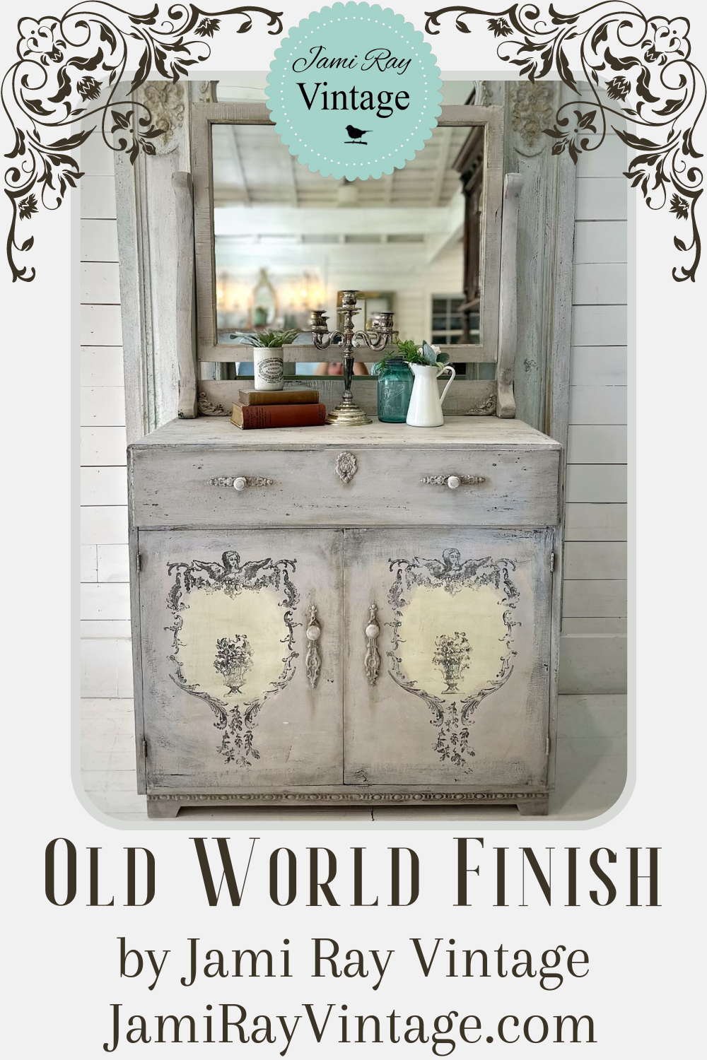 Pinterest sized photo of the dresser with mirror done in old world finish 