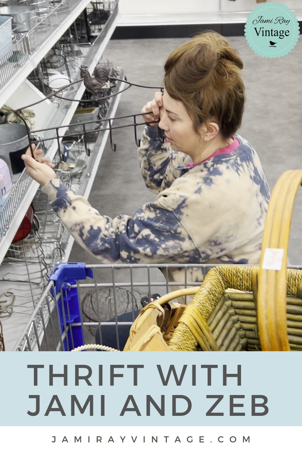 Jami thrifting and holding a hanger with hooks