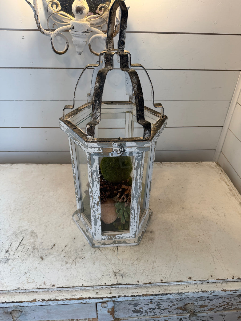 Large Rustic white wood lantern with greenery included