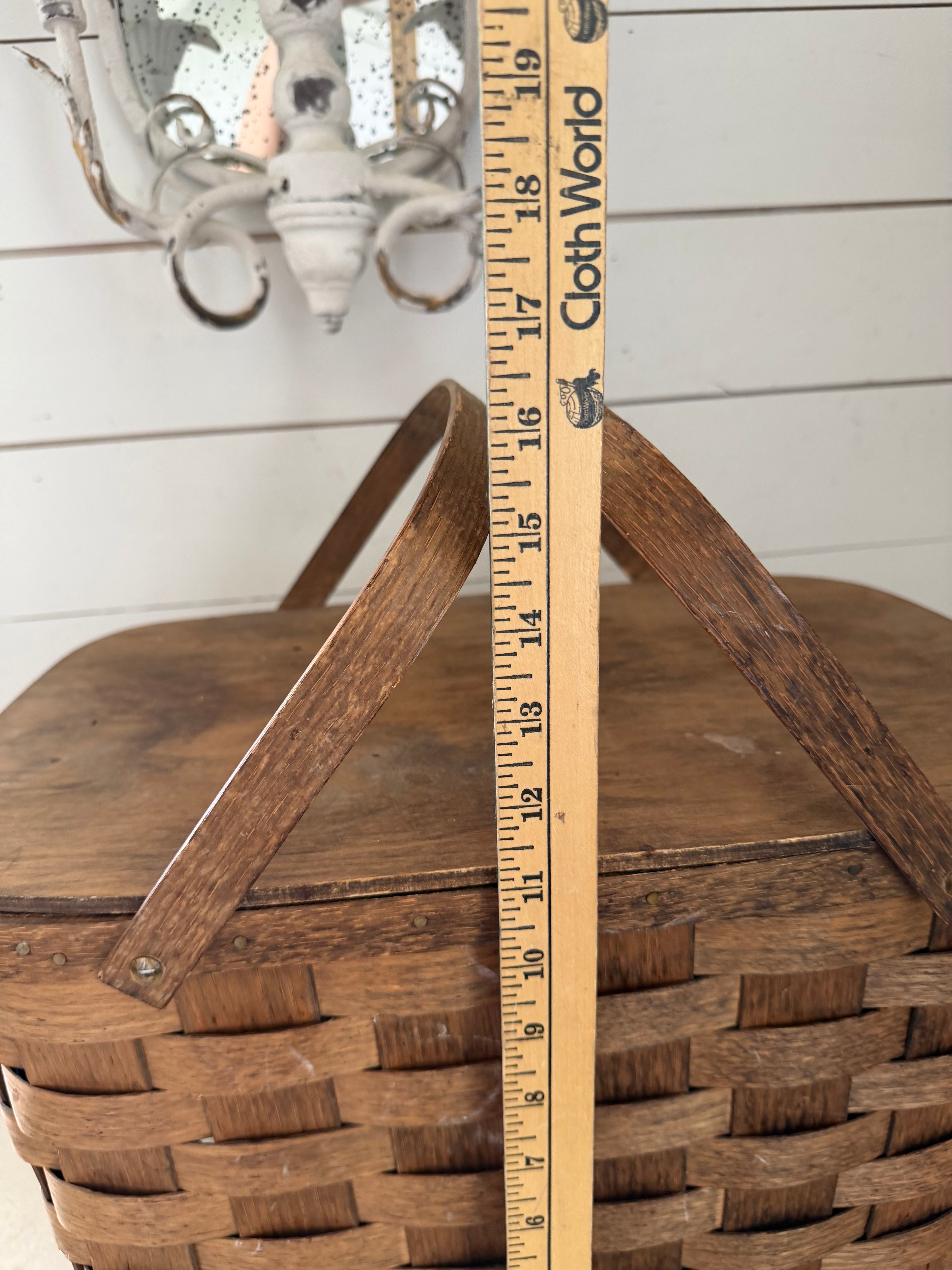Vintage Picnic Basket, woven wood, Basketville, Putney Vermont, hinged lid, storage,