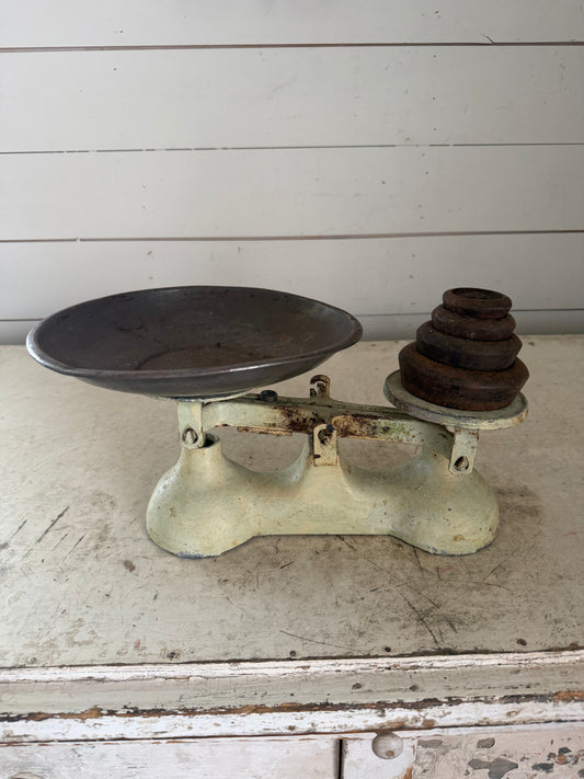 Cream Vintage Scale with weights and metal bowl