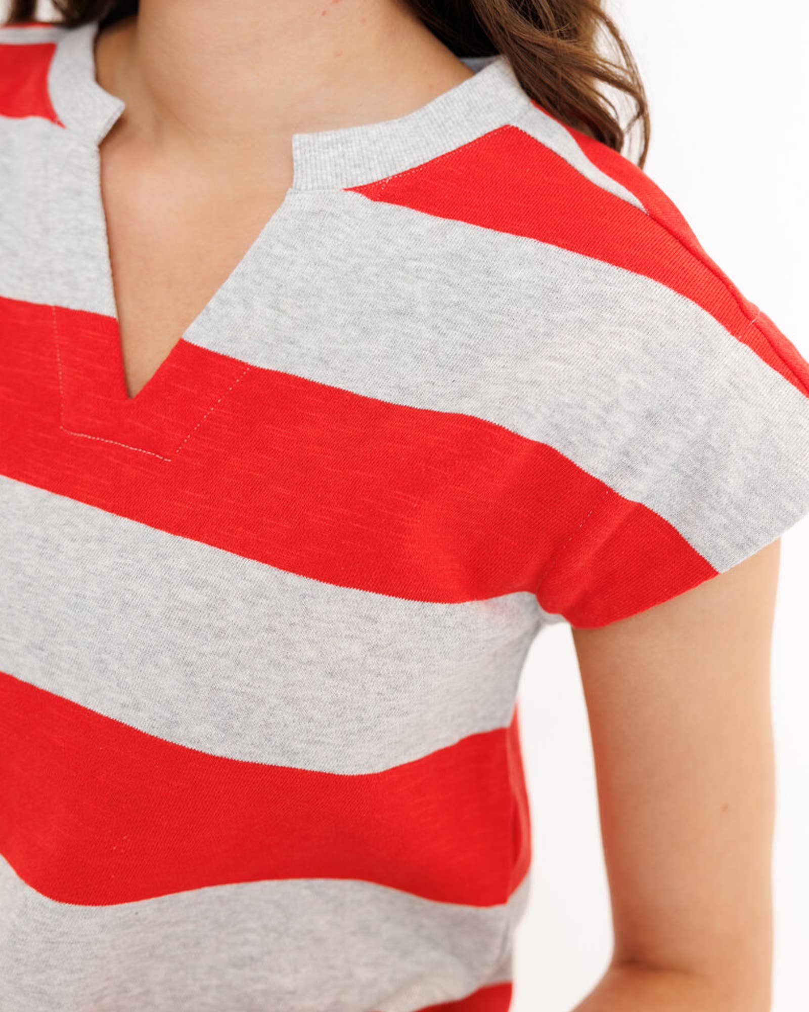 Grey and Red Striped Short Sleeve V-neck Contemporary Crew