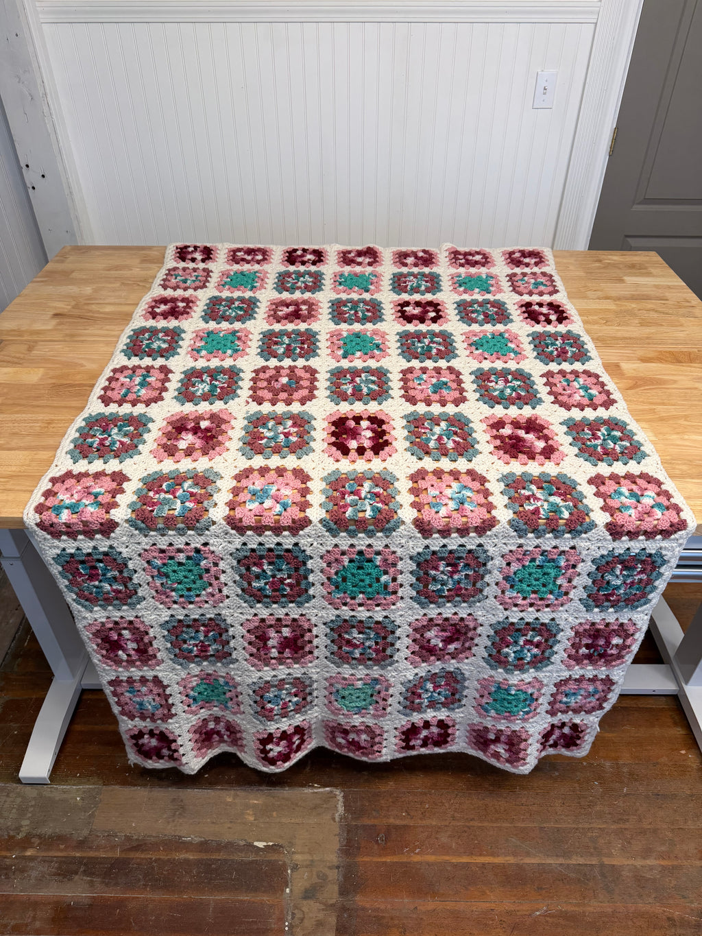 Vintage Granny Square Afghan - pink, rose teal and cream