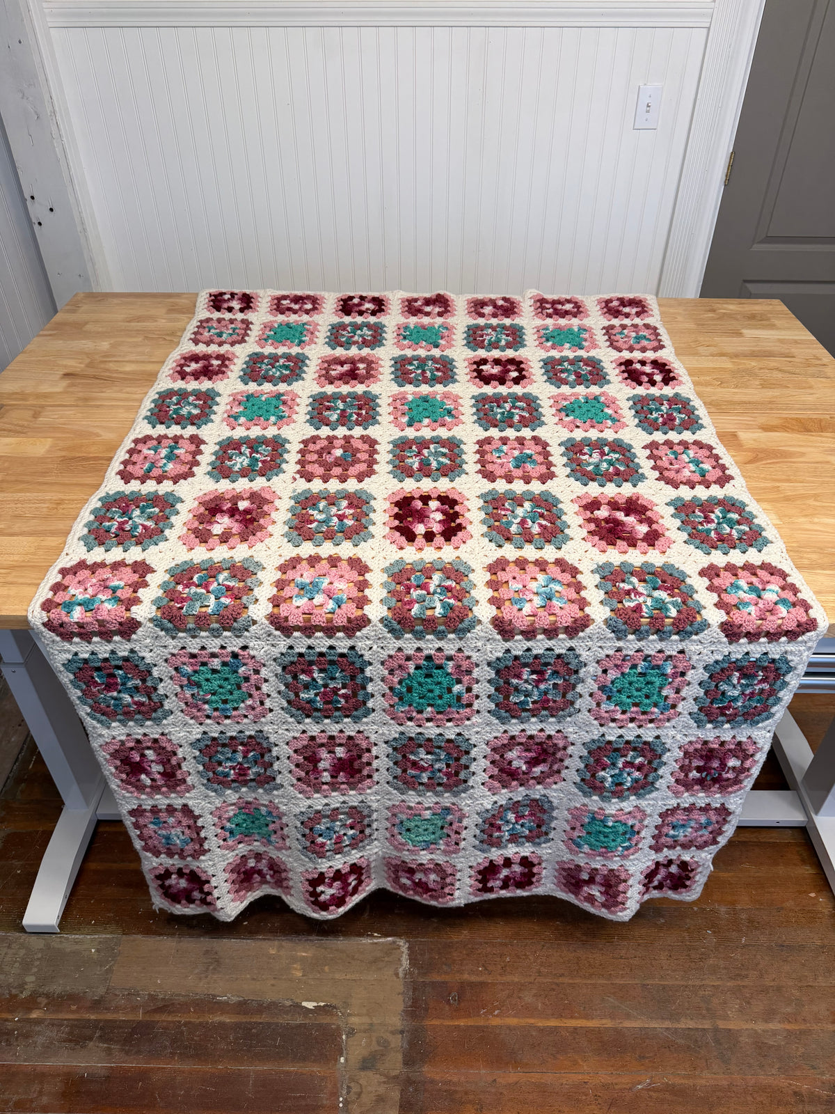 Vintage Granny Square Afghan - pink, rose teal and cream