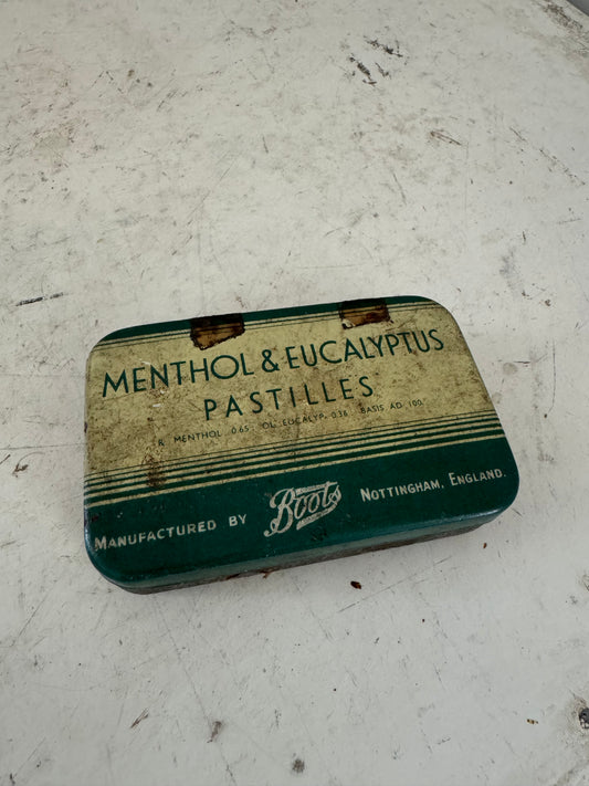 1930 Old Vintage Menthol & Eucalyptus Pastilles Tin Box, English Made, Antique Medicine Packaging, Litho Decor, Collectible Item