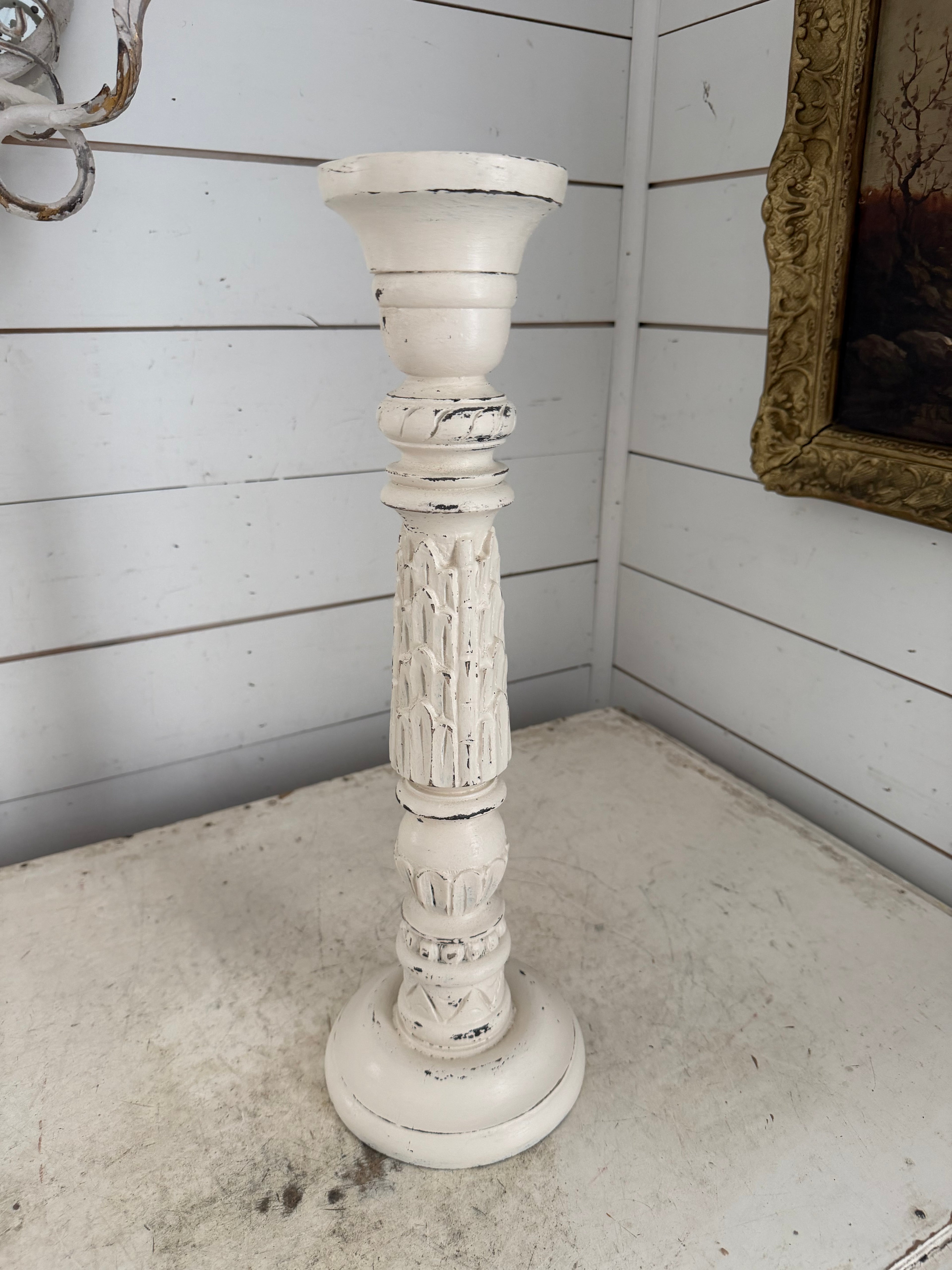 18” Hand Carved & Painted Wood Candlesticks