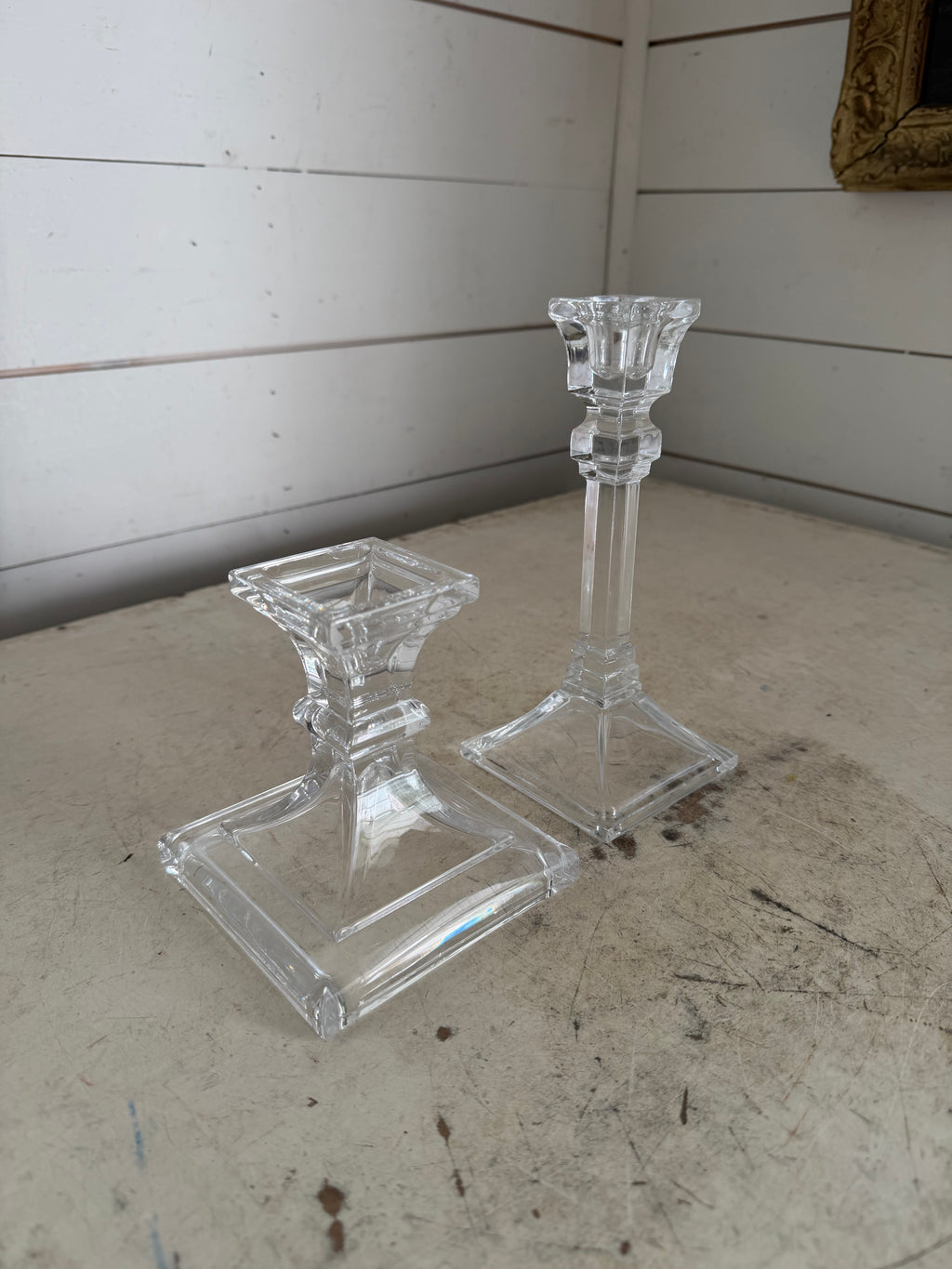 Set of Two Square Base Crystal Candlesticks