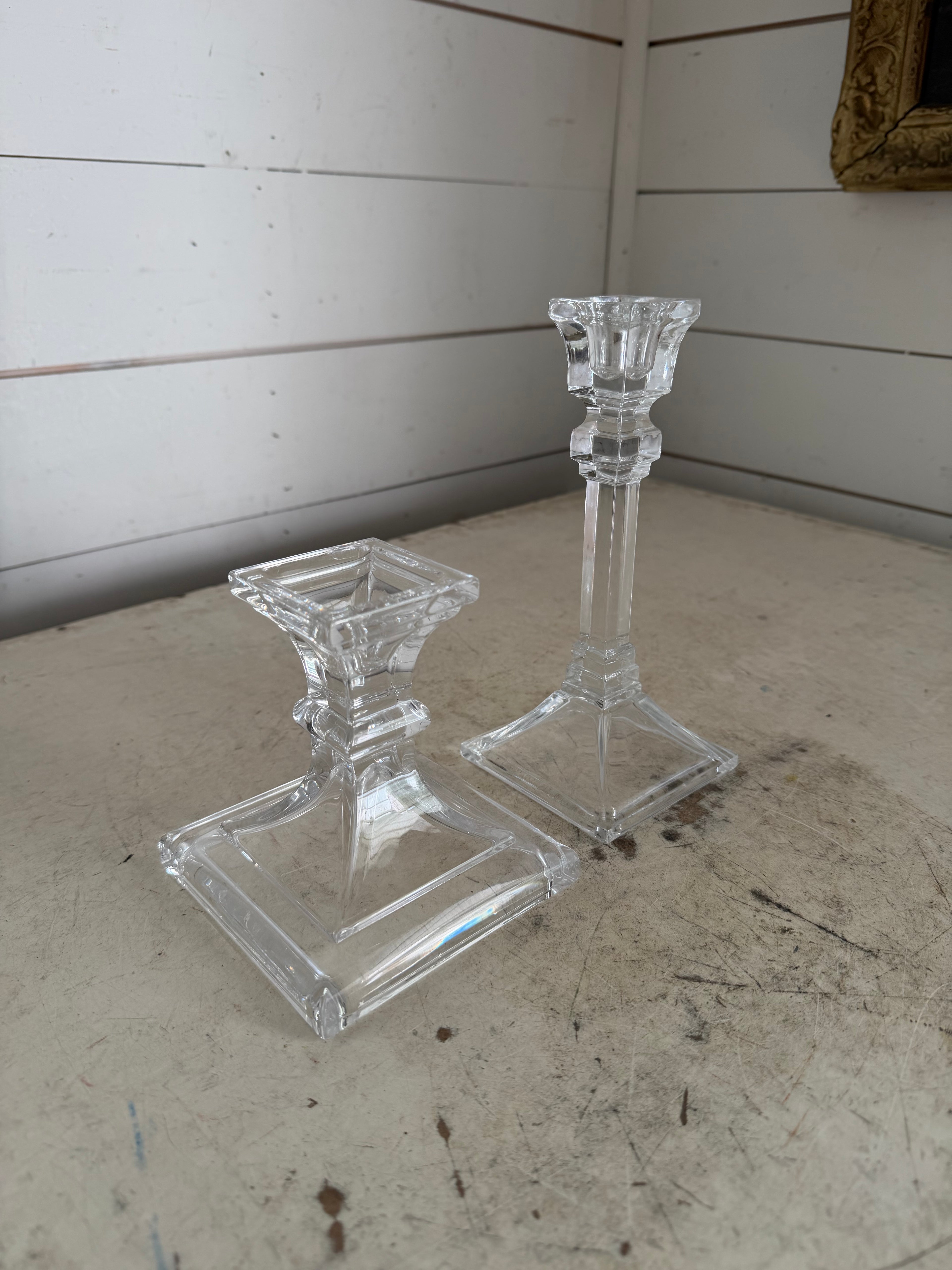 Set of Two Square Base Crystal Candlesticks