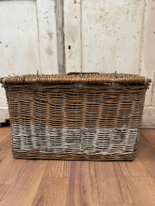 Antique Victorian English Wicker Basket with Leather Strap and raw hide leather stitching - original paint