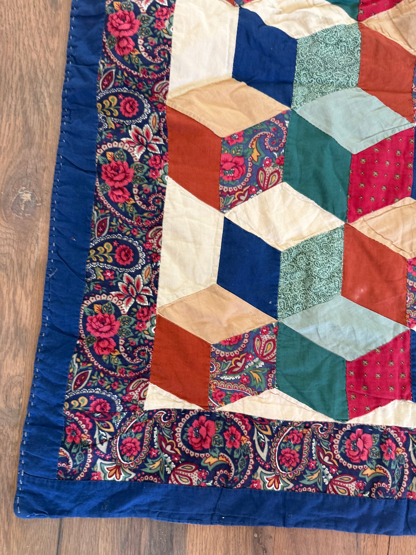 Vintage Tumbling Blocks Hand Pieced Twin Quilt - as is has imperfections