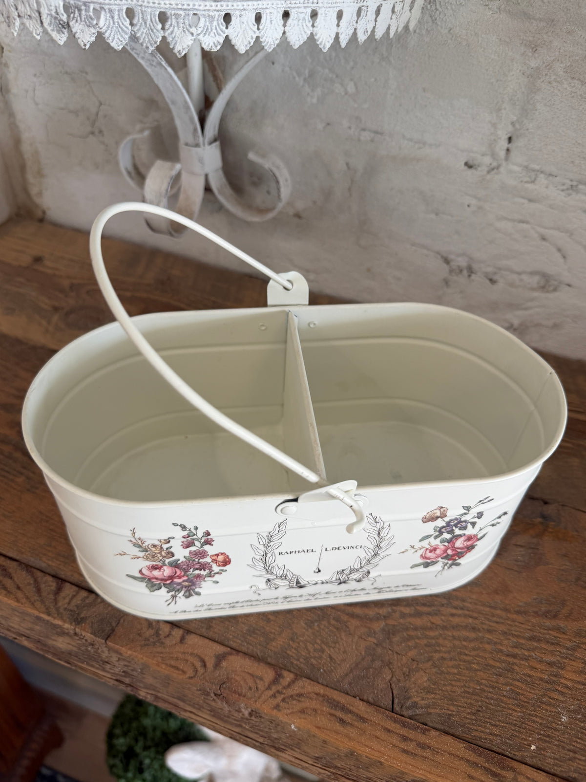 Floral and French words White enamel bucket