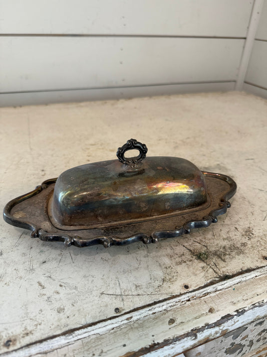 Vintage Tarnished Silver Butter Dish