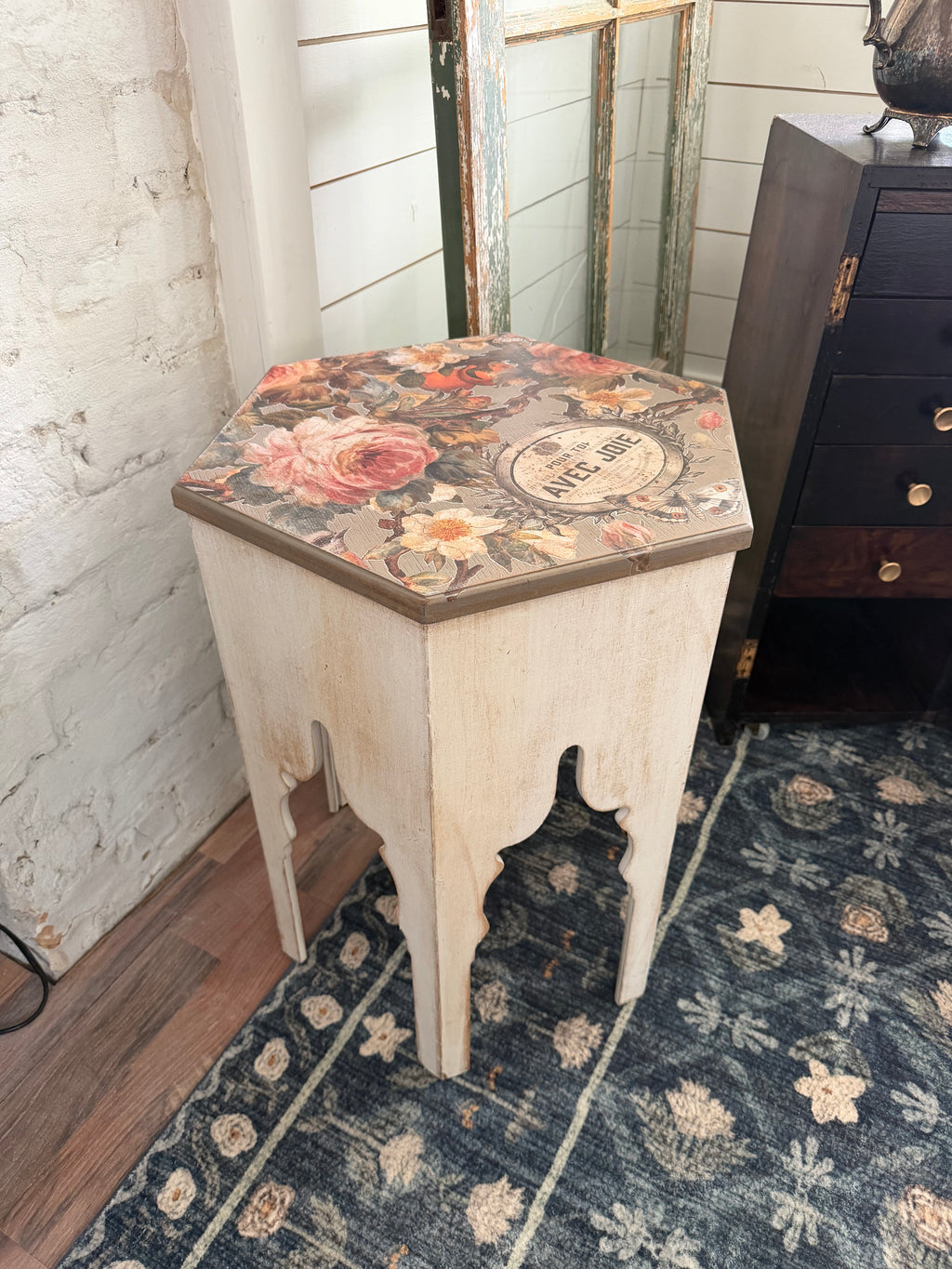 French Provincial Side Table hand painted with transfer 23” tall 18.5 wide