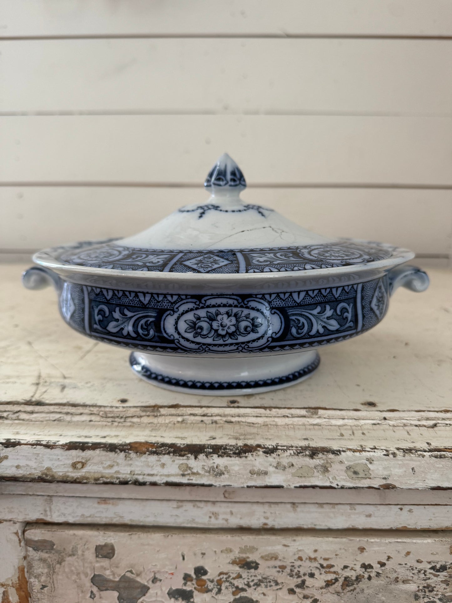 Damaged Lid - Antique Flow Blue Soup Tourine & Lid - F & Sons Ltd Burlem