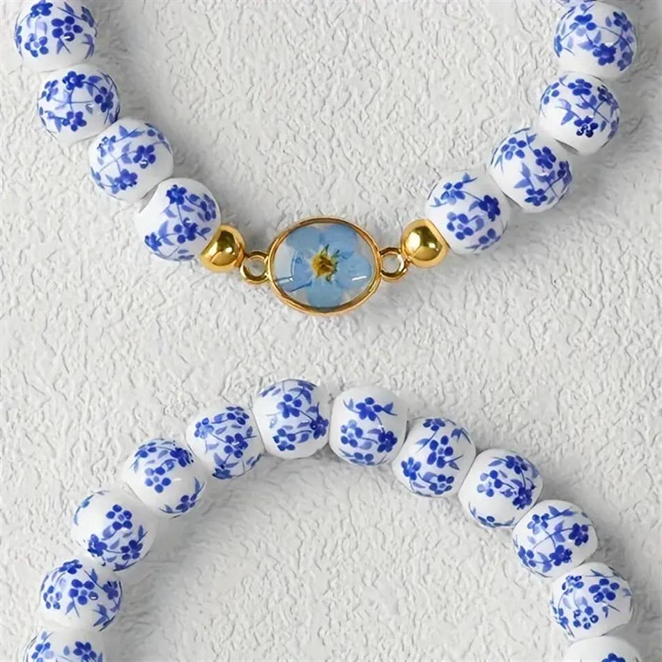 Boho Blue White Floral Pressed Flower Beaded Bracelet