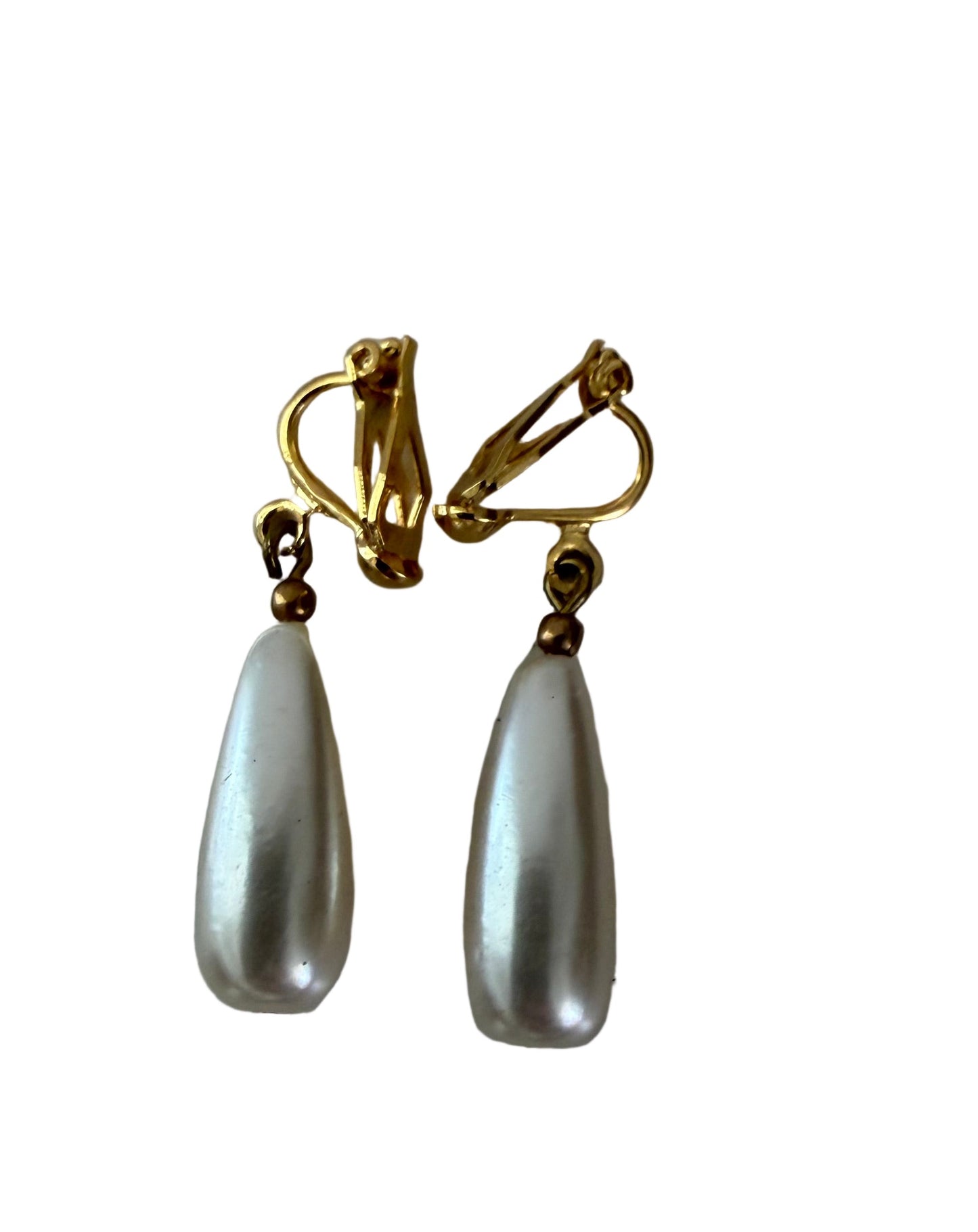 Shiny Metal Golden Colored Teardrop Faux/Fake/Imitation Pearl clip On Earrings