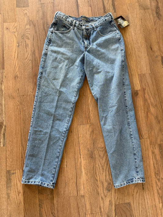 90’s vintage Marithé + François Girbaud denim jeans featuring a black brand hangtag on light-wash material 32 cowboy jean new with tag