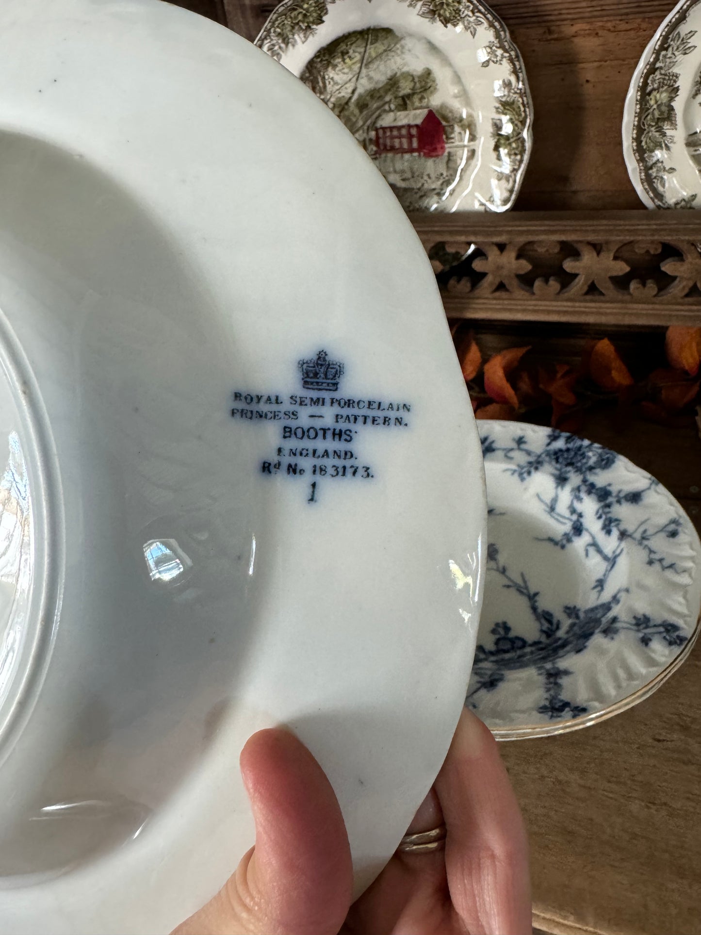 Ironstone Booth’s of England Royal Semi-Porcelain Princess Pattern 10-inch luncheon bowl Antique. Blue floral transfer ware on white