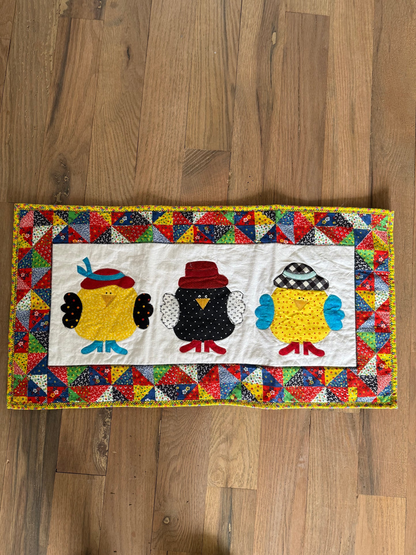 Three Chicks with hats wall hanging/small table runner