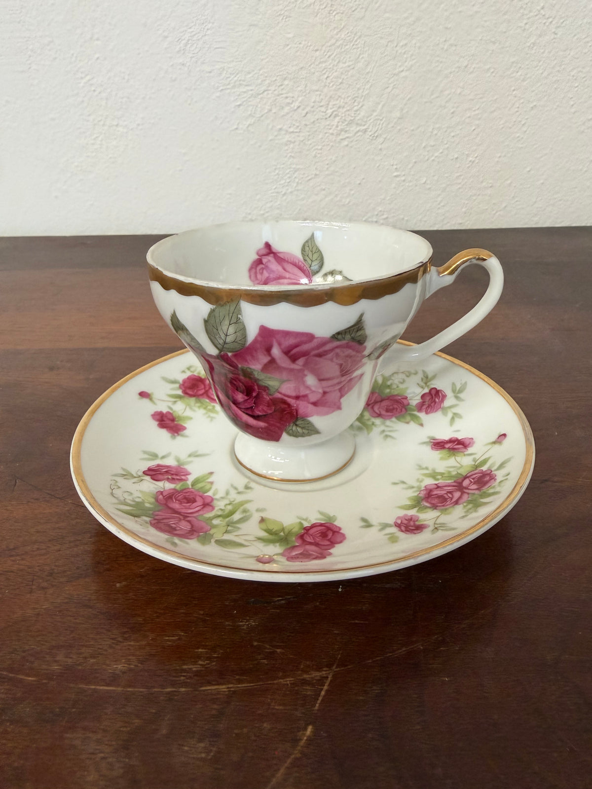 Vintage Rose teacup and saucer with gold scalloped edge
