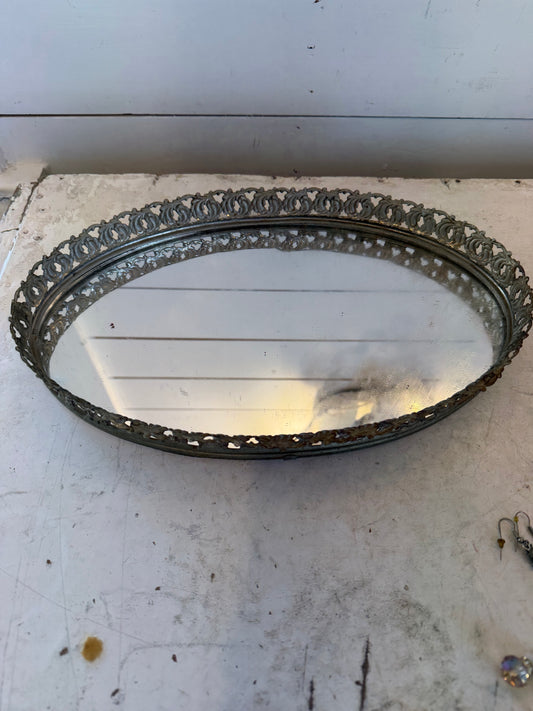 Vintage oval Silver Plate filigree mirrored vanity tray