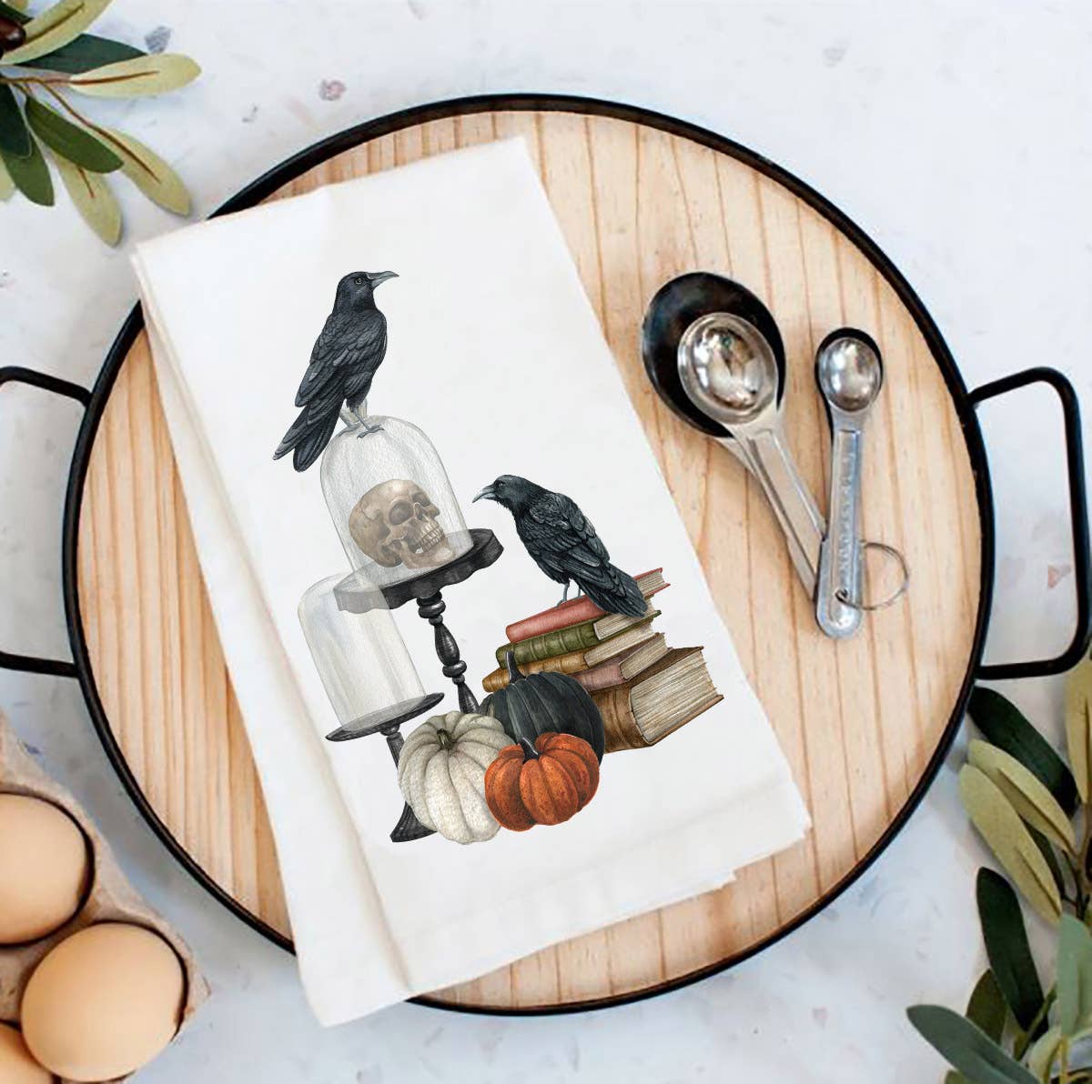 Tea Towel Halloween Black Crow Pumpkins Flour Sack