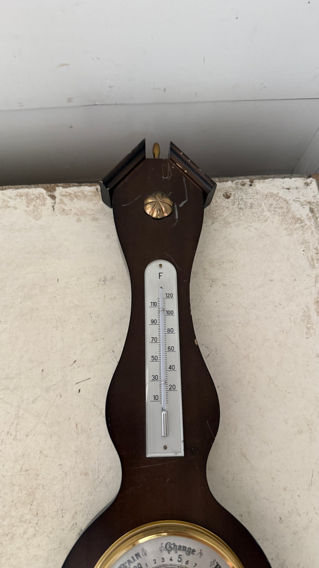vintage German-made banjo-style weather station features a dark mahogany wood base, a barometer, a thermometer, and a hygrometer as is