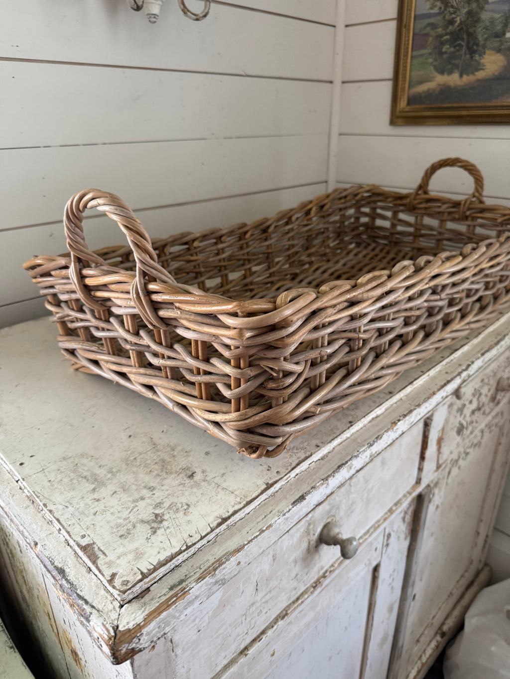Vintage Woven Thick Woven Rattan Greige Tray Basket