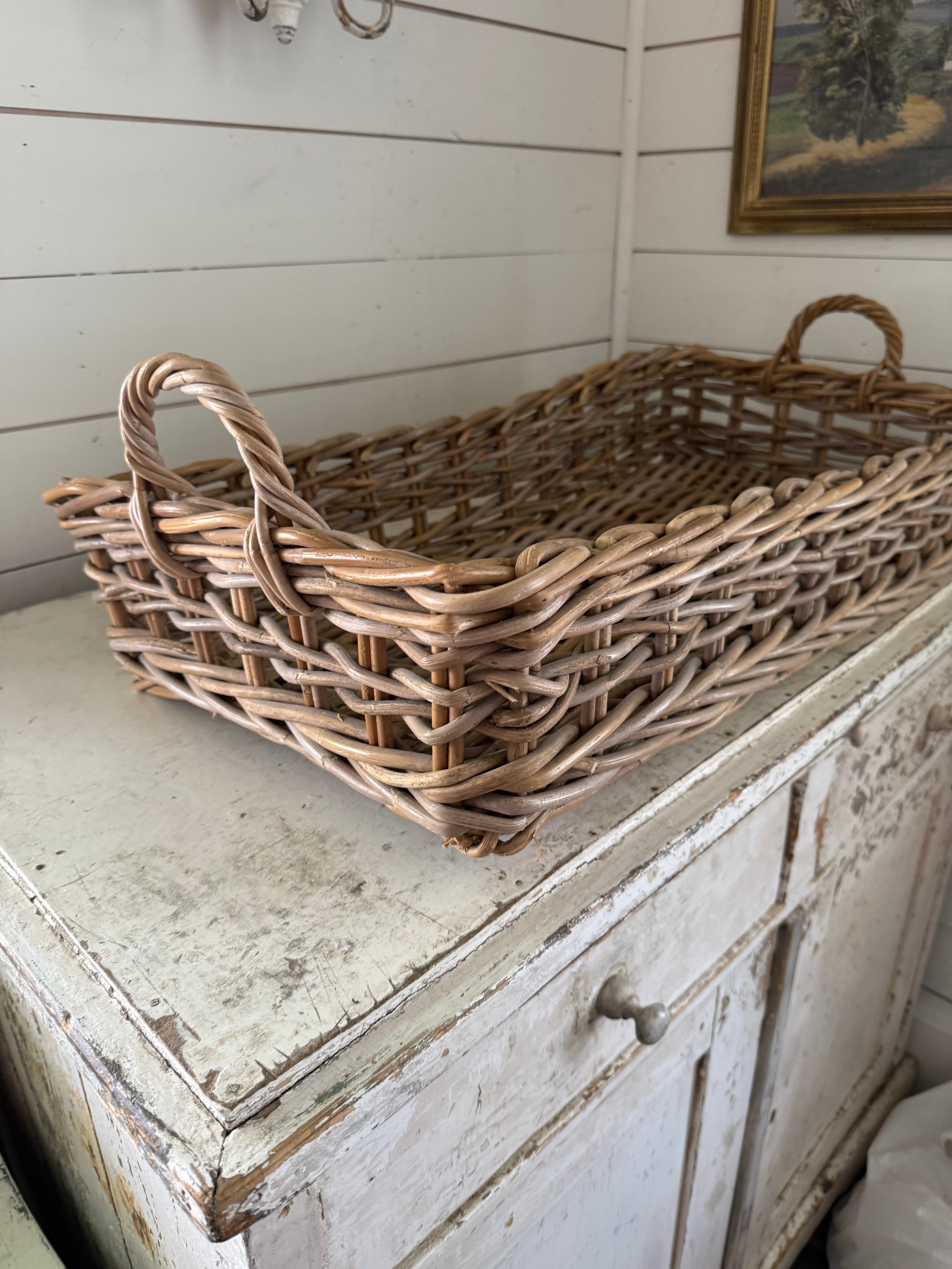 Vintage Woven Thick Woven Rattan Greige Tray Basket
