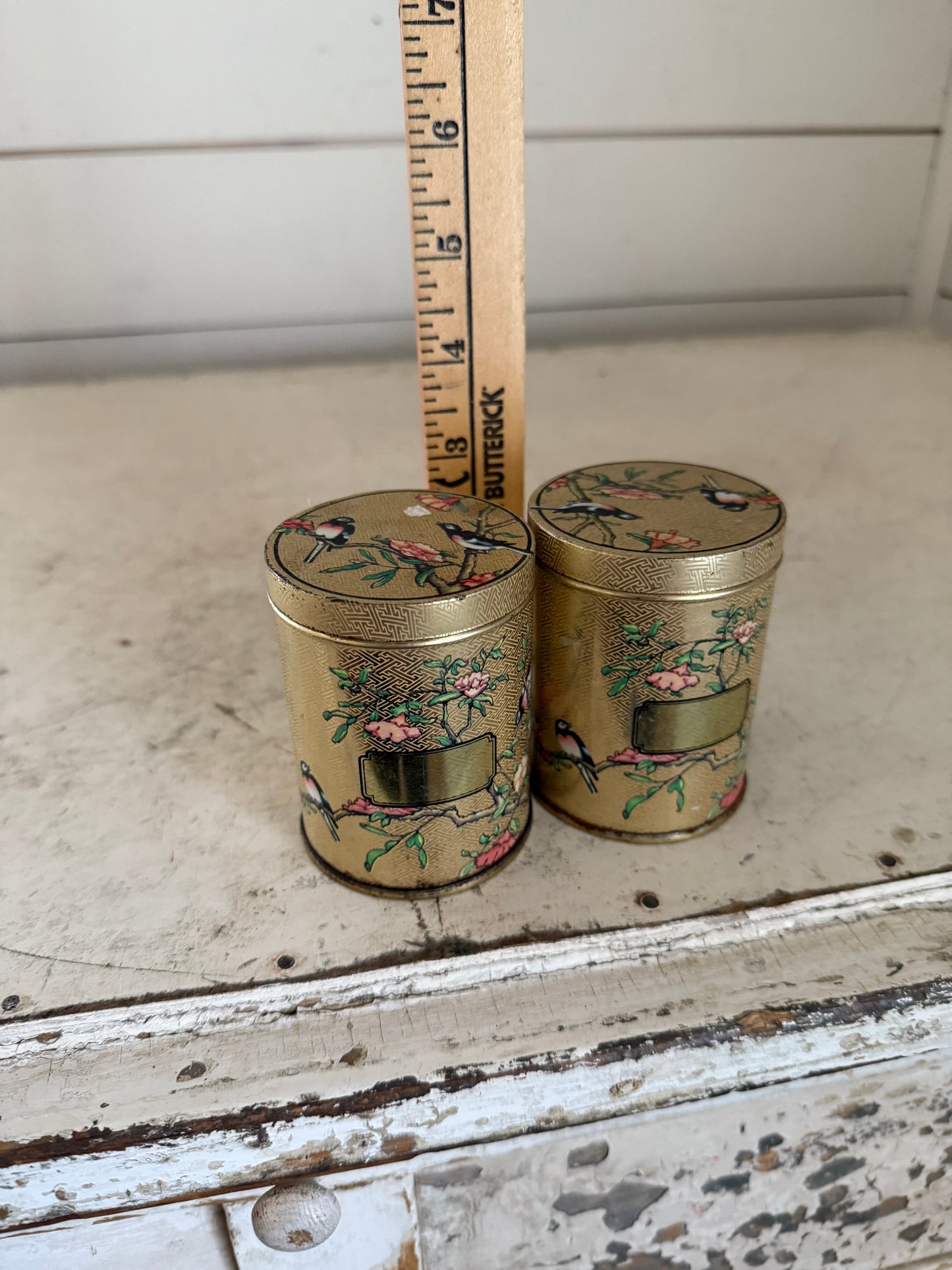 Small Vintage Spice Tin, DoDo Designs Made in Tunbridge Wells England, Bird & Floral Design 3" Gold Tin - sold individually