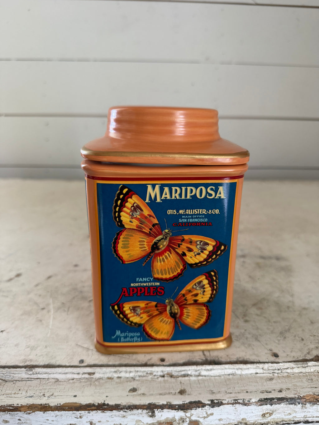 Oneida Vintage Label Collection Mariposa Apples Ceramic Canister Butterflies