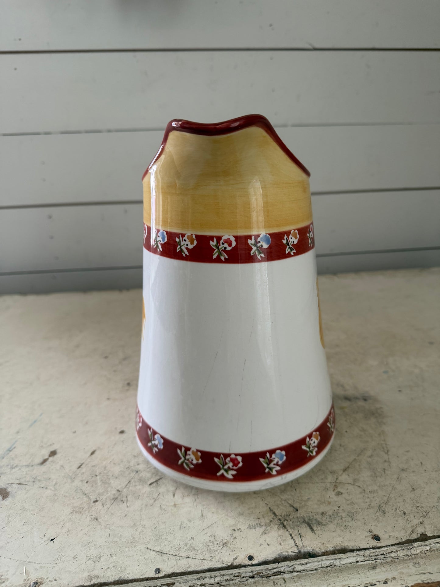 Waverly Coq-a-Doodle Do hand-painted ceramic pitcher has crack