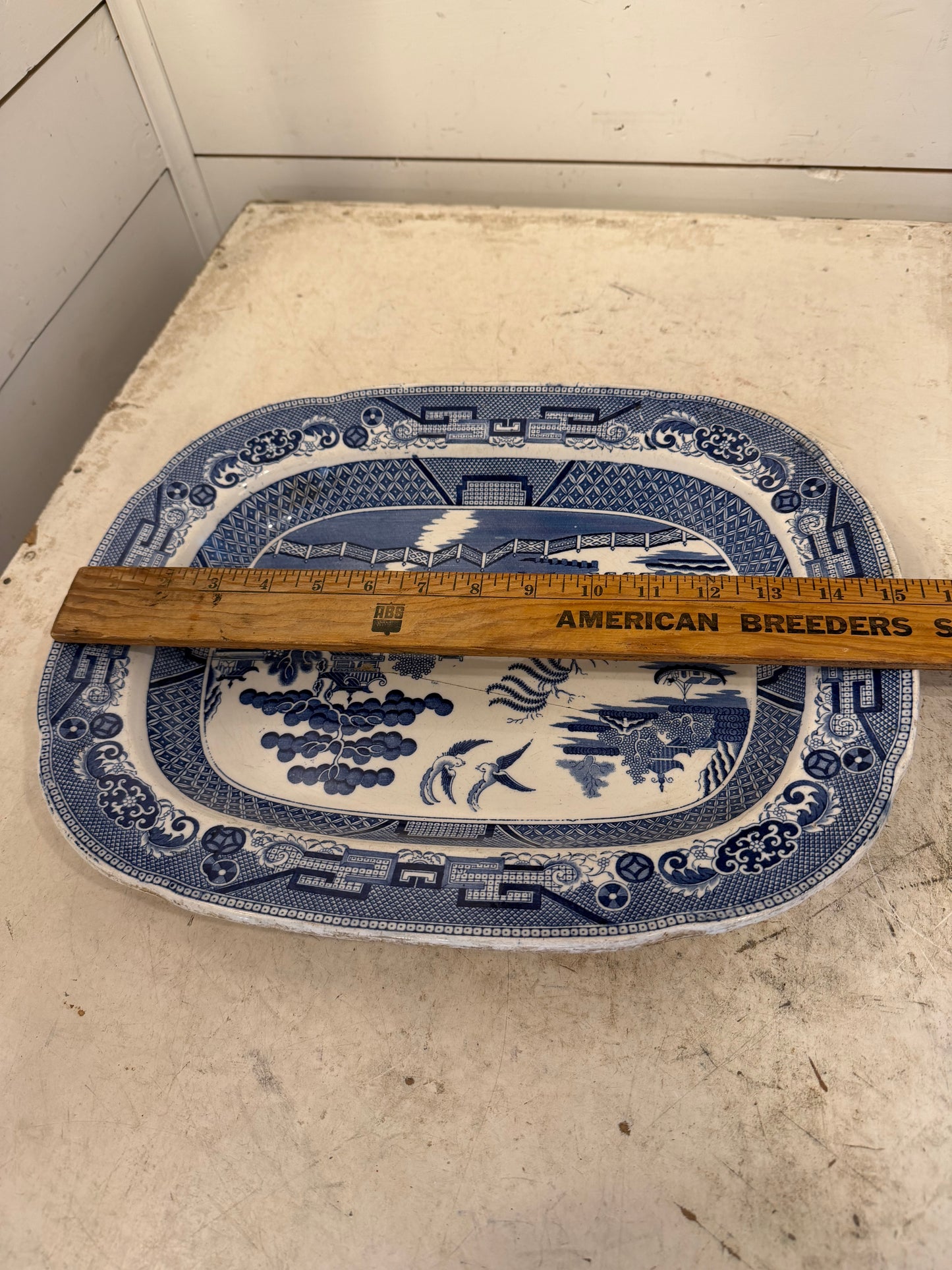 Majolica and Faience Antique Platter Blue Willow Pattern 15” - Has Crack