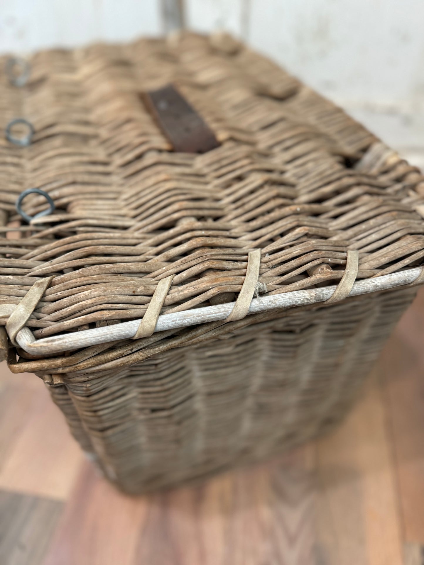 Antique Victorian English Wicker Basket with Leather Strap and raw hide leather stitching - original paint