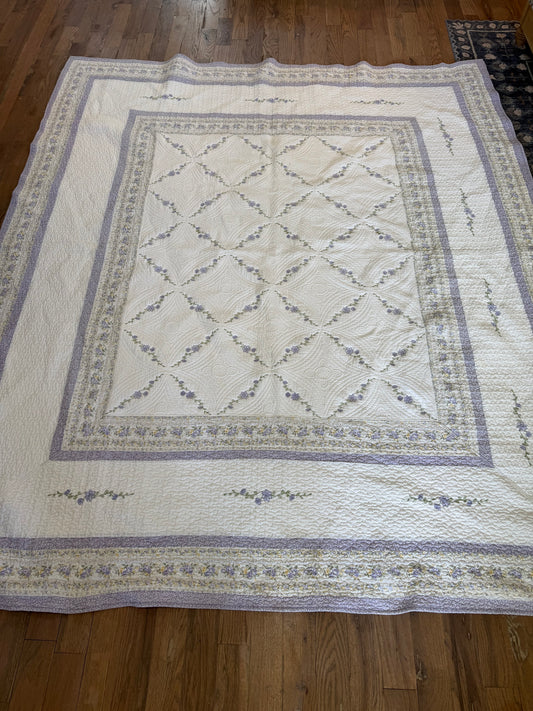 White with Purple Embroidered Floral Quilt - queen Size
