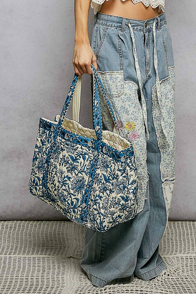 Bohemian Block Print Floral Print Woven Tote Bag