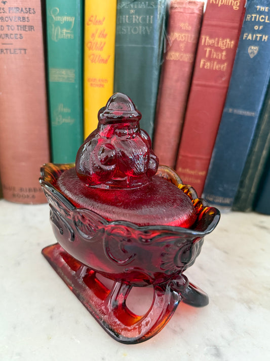 Summit Glass Westmoreland Amberina Santa on Sleigh Covered Candy Dish -imperfections as shown on back