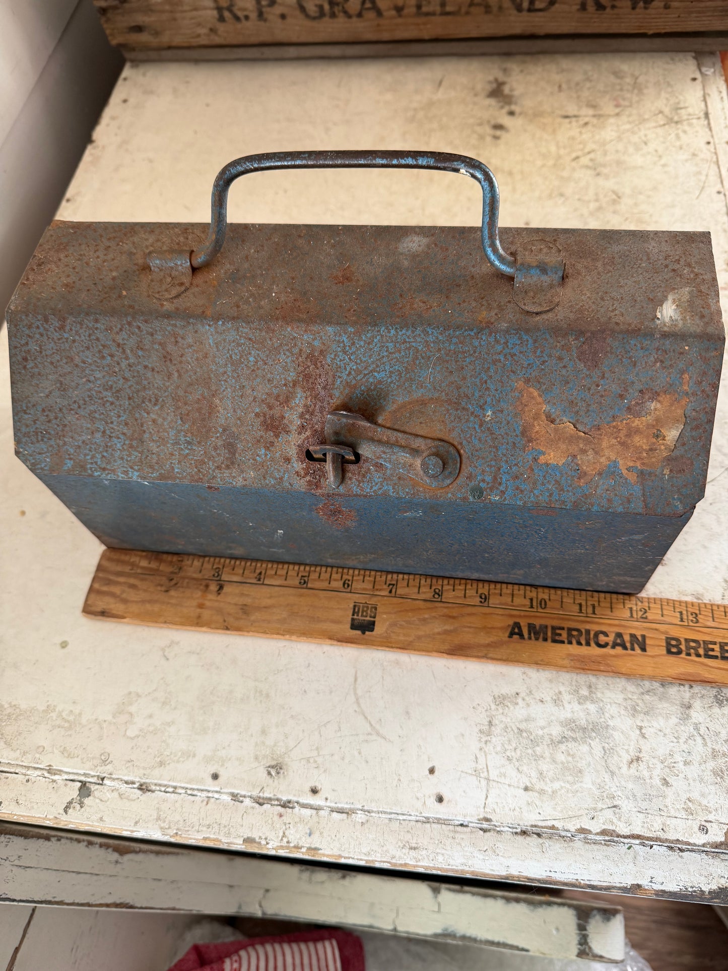 Vintage Blue Toolbox with sliding clasp