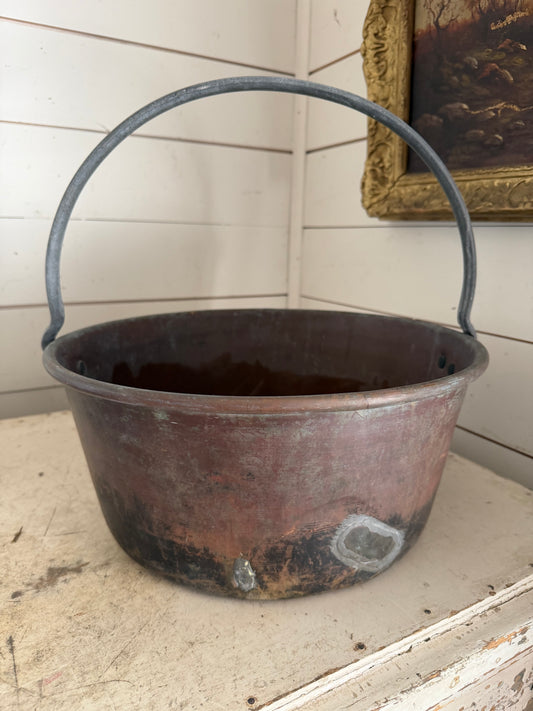 Antique French 1800’s Copper Cauldron With forged Iron Handle has repairs as shown