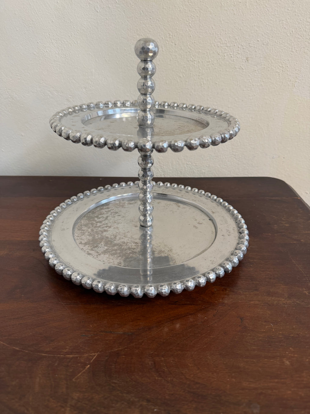 Vintage Beaded Pewter Two Tiered Tray