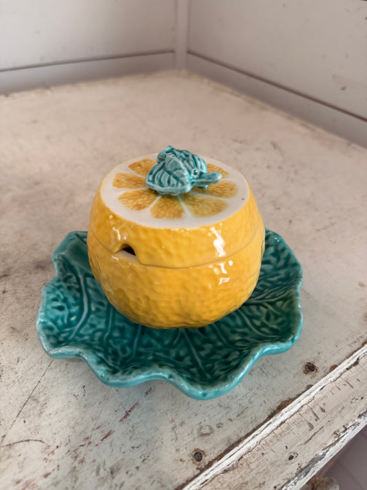 Vintage Majolica Orange Jam Jar with Leaf Underplate, 1970s