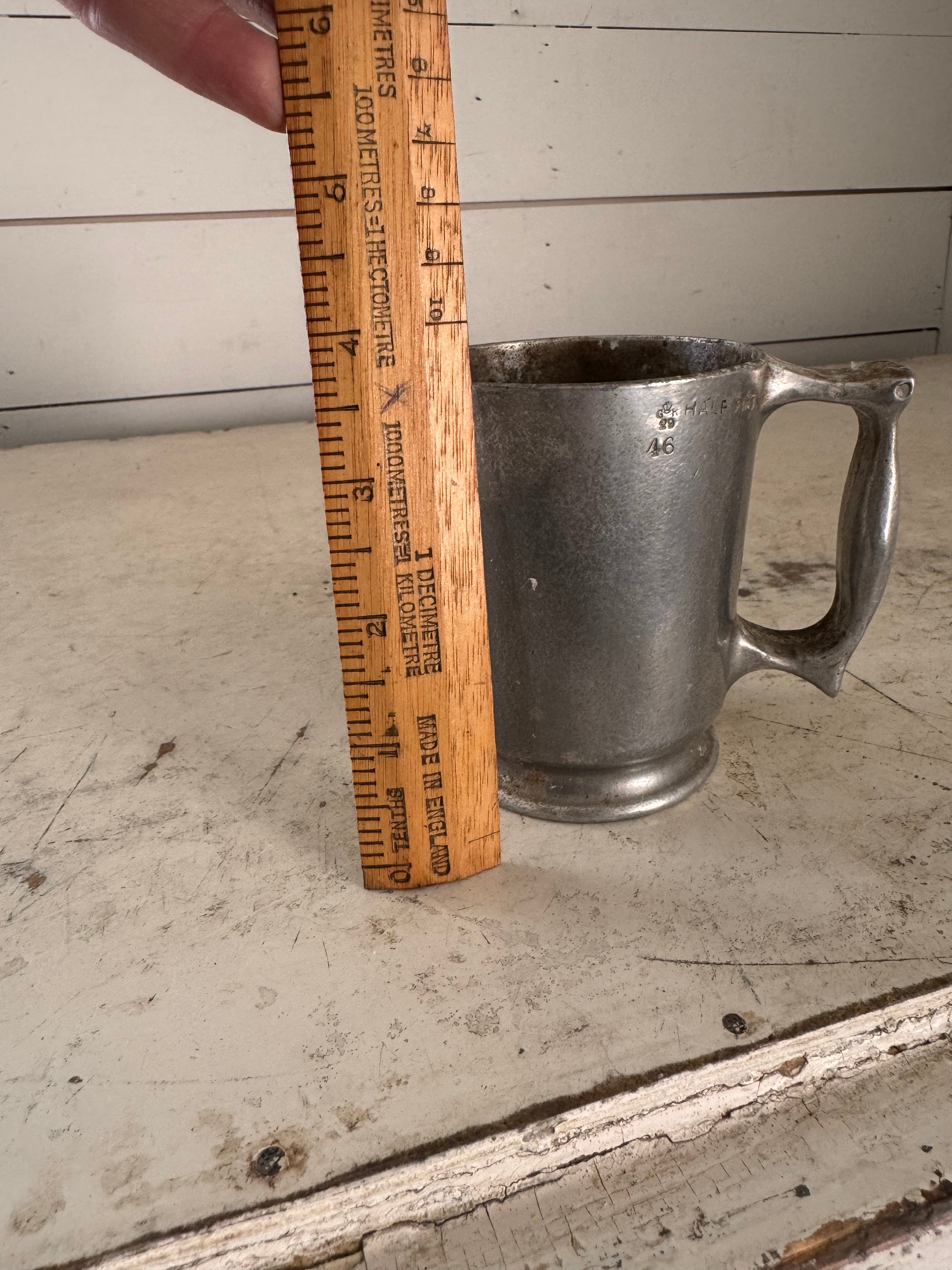 Antique Pewter Tankards– half Pint – have Engraved Kings Crown & Marks