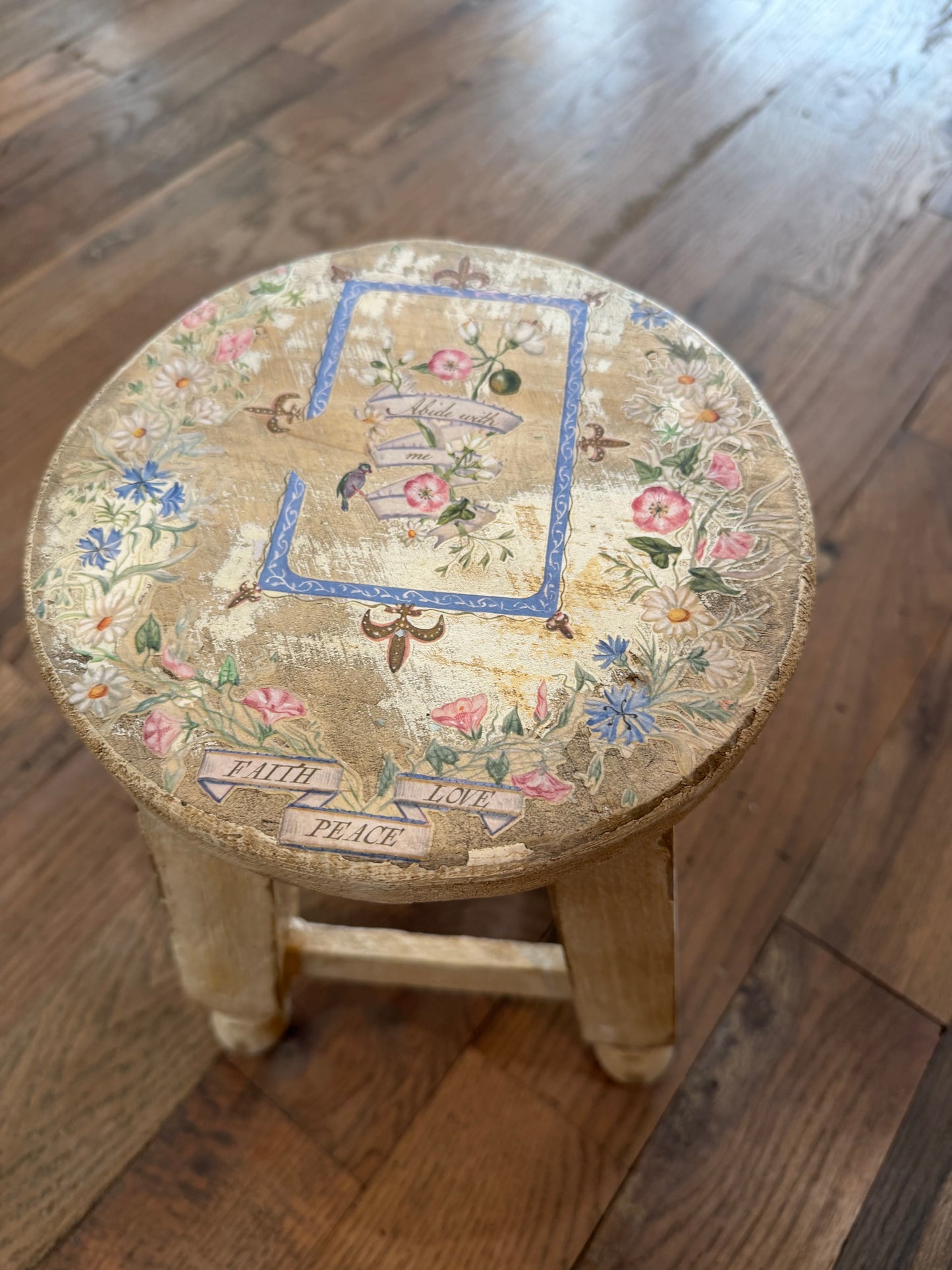 Abide with me floral Stool-8x10 in-Rustic-Antiqued White-Monroe