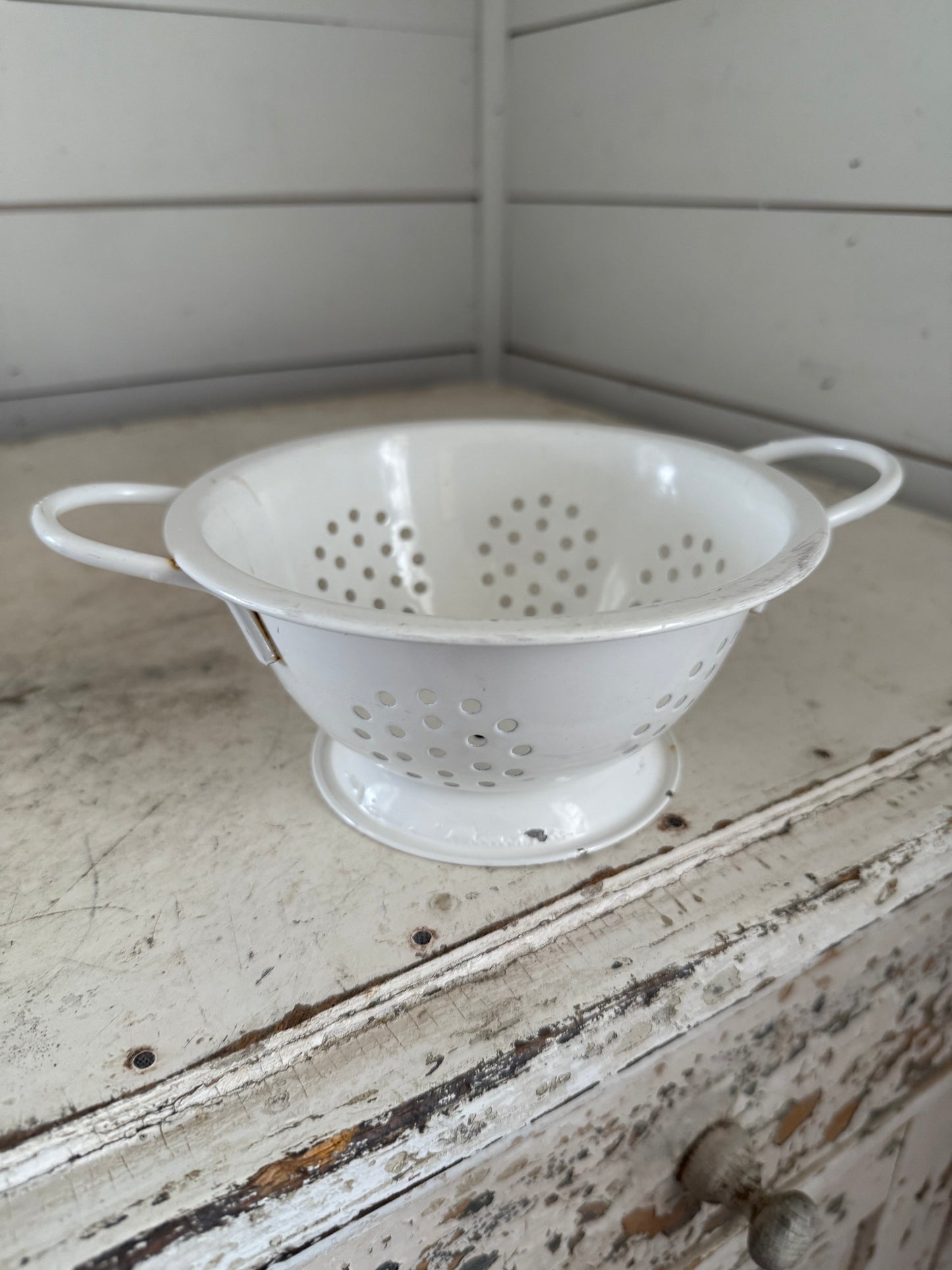 Primitive White Enamel Berry Strainer