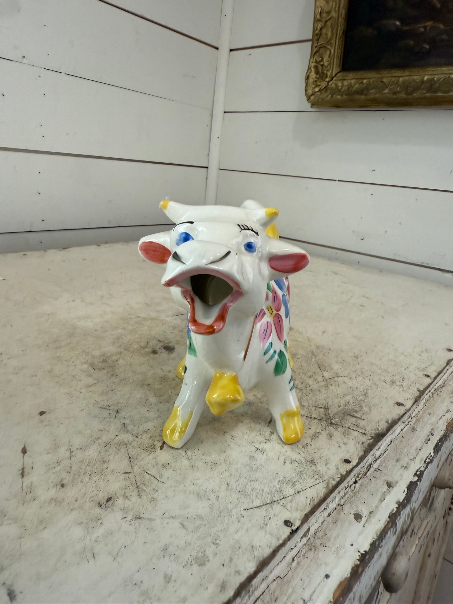 VINTAGE ARTHUR WOODS Ceramic Creamer White with Hand Painted Floral Design