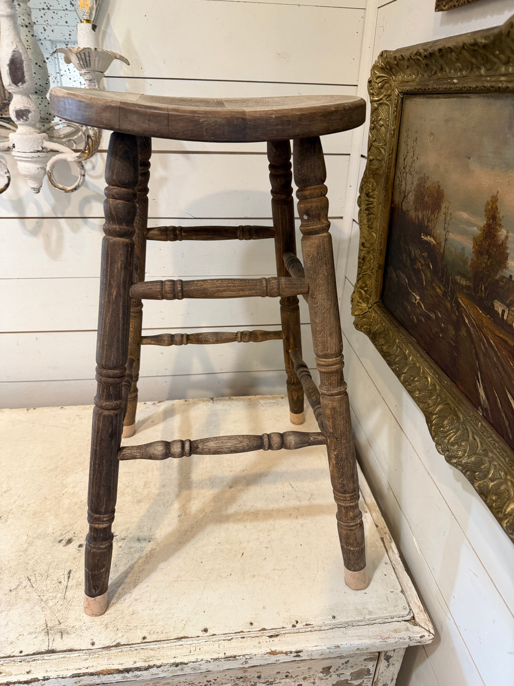 Vintage Wooden Stool With Bowed Seat